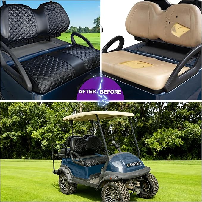 Club Car Precedent seat Cover，Fit forClub Car Precedent，Vinyl seat Cover, Diamond Texture, Easy to Install Golf cart Accessories, no Staples Required（Black&Black Stitch）