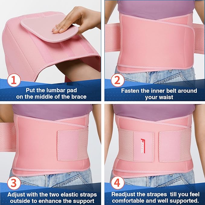 FEATOL Back Brace for Lower Back Pain, Breathable Back Support Belt for Women & Men with Lumbar Pad, Lumbar Support Belt for Heavy Lifting & Work, Pink, 2XL (Circumference:38.6-51.2")