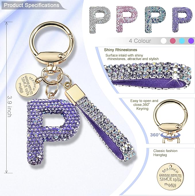 Pink Blue White Initial Letter Keychain Gift for Women Girls Bling Sparkly Cute Backpack Car Key Accessories Lanyard