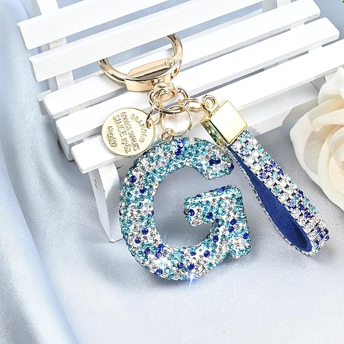 Pink Blue White Initial Letter Keychain Gift for Women Girls Bling Sparkly Cute Backpack Car Key Accessories Lanyard