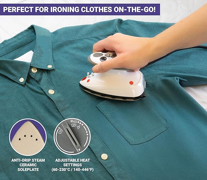 The Quilted Bear Mini Steam Iron - Lightweight Mini Travel Iron for Effortless Quilting & Wrinkle-Free Clothes with Hard Shell Case - Travel Steamer Craft Press for Clothes & Crafts (Blue)