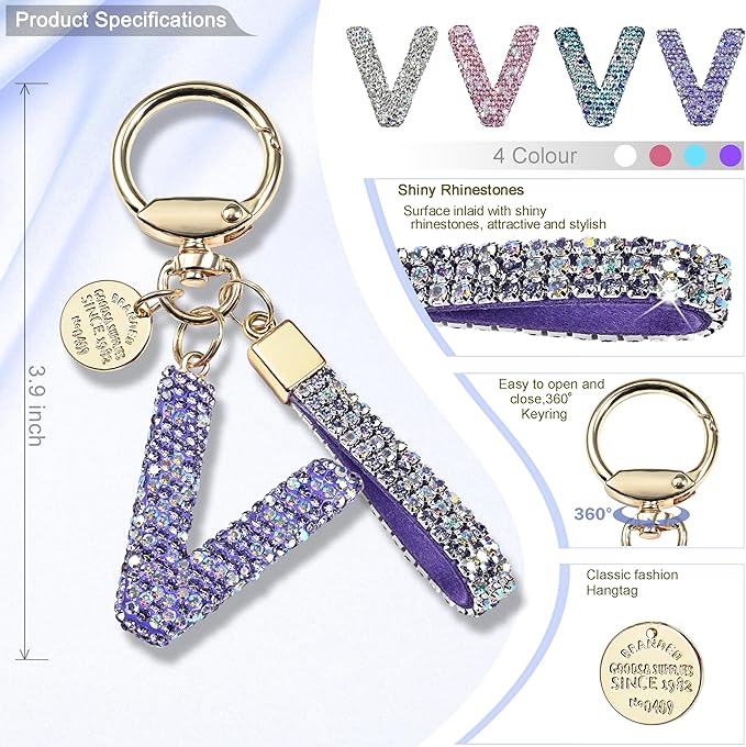 Pink Blue White Initial Letter Keychain Gift for Women Girls Bling Sparkly Cute Backpack Car Key Accessories Lanyard