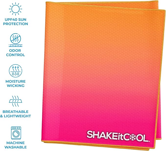 SHAKEitCOOL Extended Size Cooling Towel – Be Cool in Style - Heat Relief, Soft, Lightweight, Sun Protection, Easy Clean - Perfect for Biking, Hiking, Running, Yoga, Golf - Pink Orange Ombre M