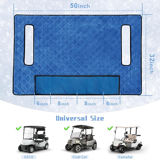 YOKYHOM Golf Cart Seat Covers with 4 Front Pockets, Thick and Non-Slip Golf Cart Seat Towel Blanket, Fits for EZGO, Yamaha, Club Car and More 2 Seats Golf Carts, Blue