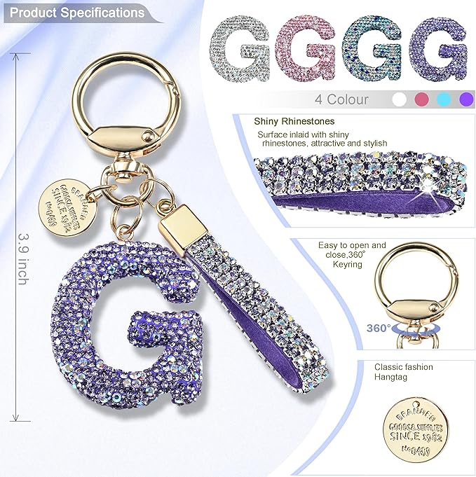 Pink Blue White Initial Letter Keychain Gift for Women Girls Bling Sparkly Cute Backpack Car Key Accessories Lanyard