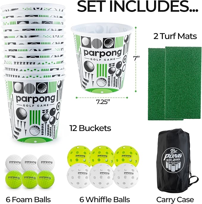 Par Pong Backyard Golf Chipping Game – Outdoor Golf Game with 12 Buckets, 2 Hitting Mats & Golf Balls – for Adults, Tailgating, BBQ, Parties & Gifts for Golfers.