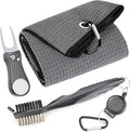 Mile High Life Microfiber Waffle Pattern Golf Towel | Club Groove Cleaner Brush | Foldable Divot Tool with Magnetic Ball Marker (Dark Gray Towel/Brush/Bone Divot)