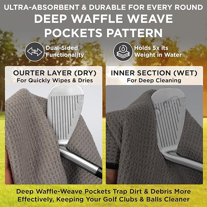 Magnetic Golf Towel (Grey) Microfiber Golf Towel | Ultra Absorbant Waffle Pattern | Extra Strong Magnet for Golf Cart or Clubs