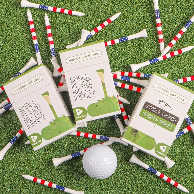 Premium Bamboo Wood Golf Tees Unique Box Design 18-Pack Per Box Value 18/72/180 Pack, Wooden Tees in 2 3/4" 3 1/4" Durable for Golfers, USA Flag Design Pro Tee Choice