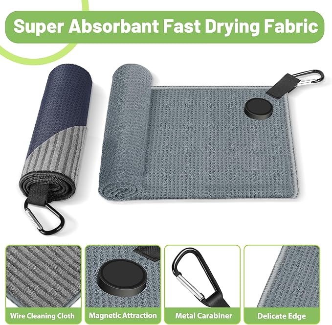 2 Pack Magnetic Golf Towels with Carabiner, Wire Cleaning Cloth, Ultra Absorbent Microfiber, Waffle Pattern Golf Towel with Magnet for Men Women, Golf Accessories for Golf Bags, Carts or Clubs