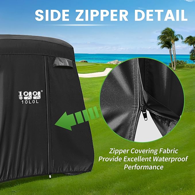 10L0L Golf Cart Cover 2/4/4+2 Passenger for Yamaha EZGO Club Car, Heavy Duty 420D Waterproof Windproof Durable Polyester Golf Cart Cover with 3 Zipper Doors for All-Weather Protection (Black/Silver)