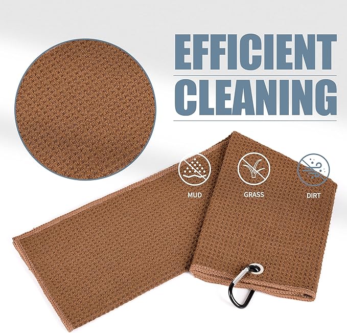 Mile High Life Tri-fold Golf Towel | 16" X 24" | Premium Microfiber Fabric | Waffle Pattern | with Heavy Duty Carabiner Clip | for Men and Women (2 Pack Brown)