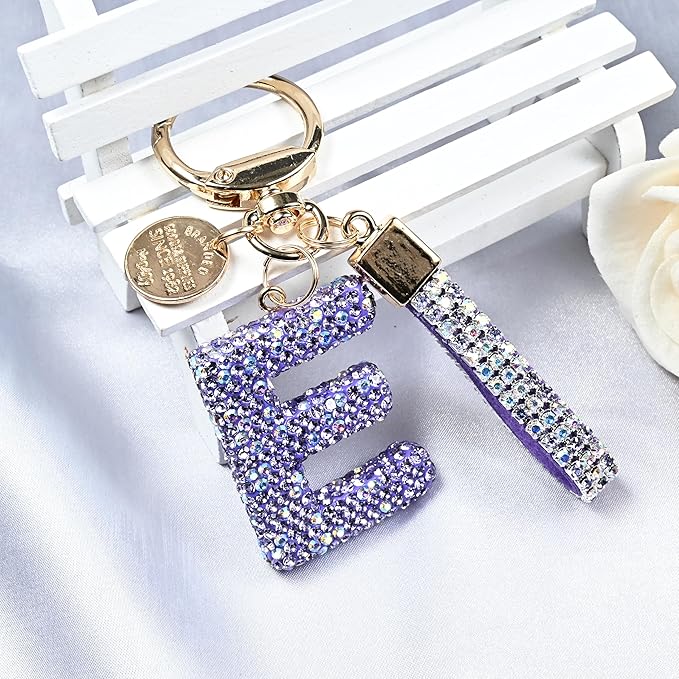 Pink Blue White Initial Letter Keychain Gift for Women Girls Bling Sparkly Cute Backpack Car Key Accessories Lanyard