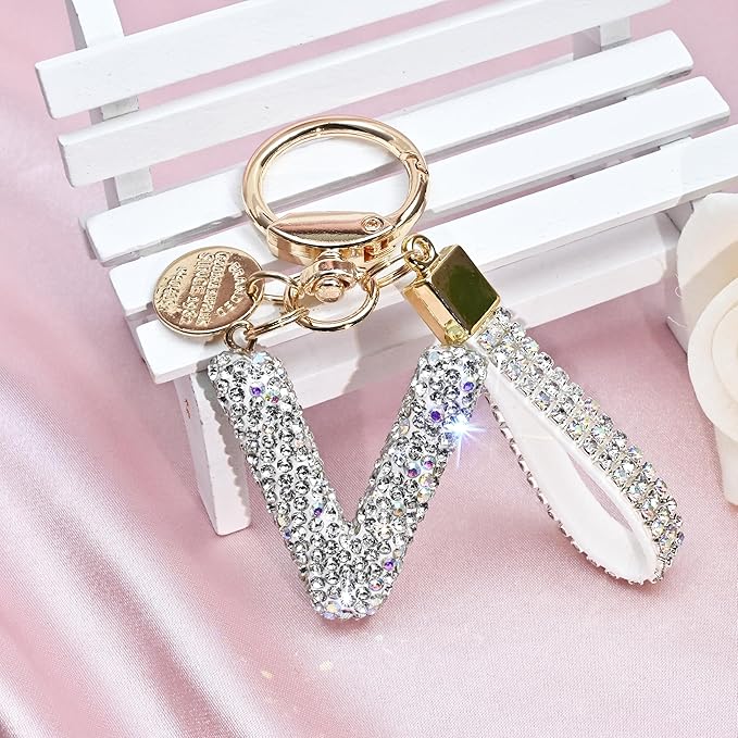 Pink Blue White Initial Letter Keychain Gift for Women Girls Bling Sparkly Cute Backpack Car Key Accessories Lanyard