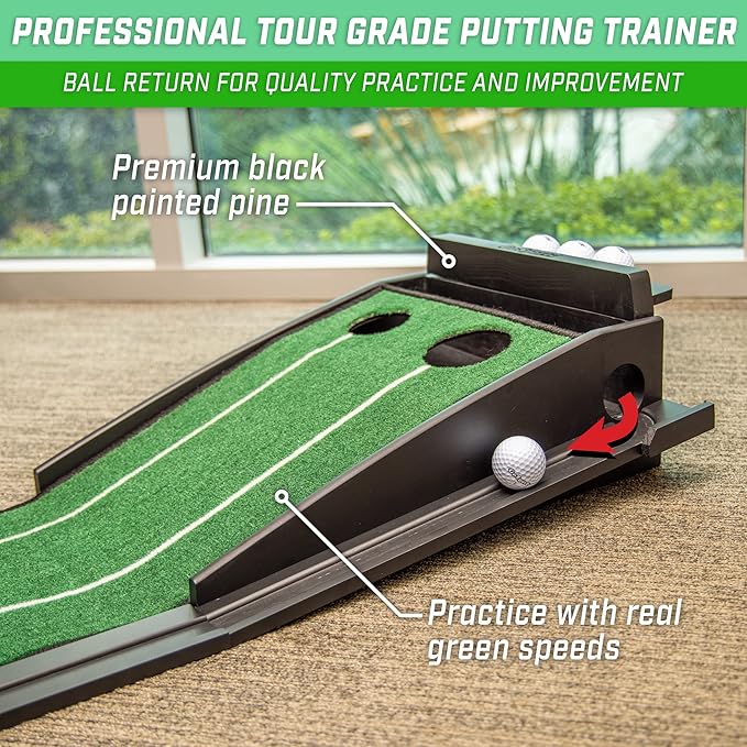 GoSports Pure Putt Golf 9 ft Putting Green Ramp - Black or Brown - Premium Wood Training Aid for Home & Office Putting Practice - Includes 4 Golf Balls