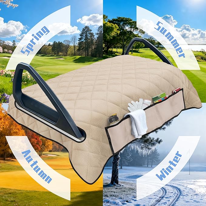 YOKYHOM Golf Cart Seat Covers with 4 Front Pockets, Thick and Non-Slip Golf Cart Seat Towel Blanket, Fits for EZGO, Yamaha, Club Car and More 2 Seats Golf Carts, Khaki