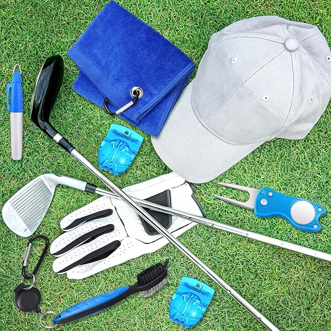 Sumind 22 Pcs Golf Accessories Kit Golf Essentials Club Cleaning Kit for Men Include Cleaning Brush Towel Marking Pen Line Marker Tee Holder with Tee Repair Divot Tool for Christmas Ideal Gift(Blue)