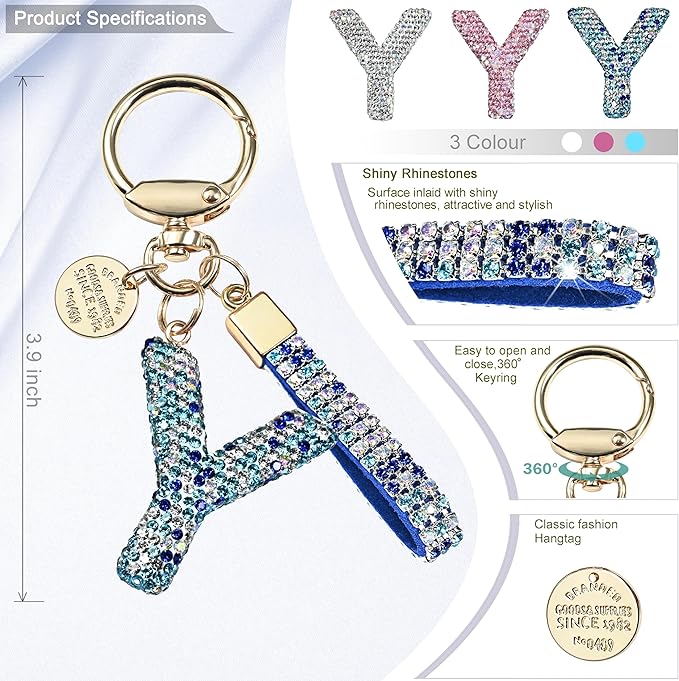 Pink Blue White Initial Letter Keychain Gift for Women Girls Bling Sparkly Cute Backpack Car Key Accessories Lanyard