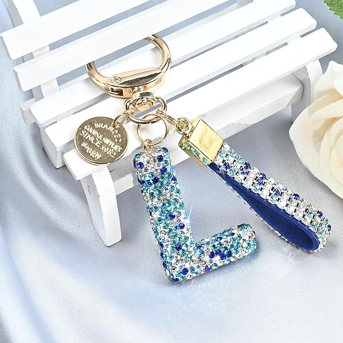 Pink Blue White Initial Letter Keychain Gift for Women Girls Bling Sparkly Cute Backpack Car Key Accessories Lanyard