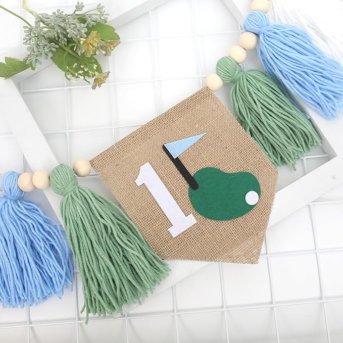 Golf Theme 1st Birthday Tassels High Chair Banner - Green Blue Golf Hole In One First Birthday Decorations