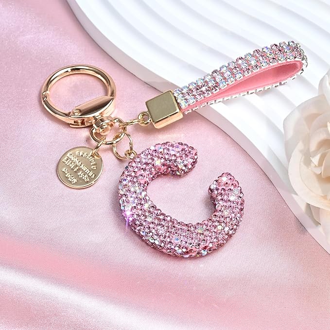 Pink Blue White Initial Letter Keychain Gift for Women Girls Bling Sparkly Cute Backpack Car Key Accessories Lanyard