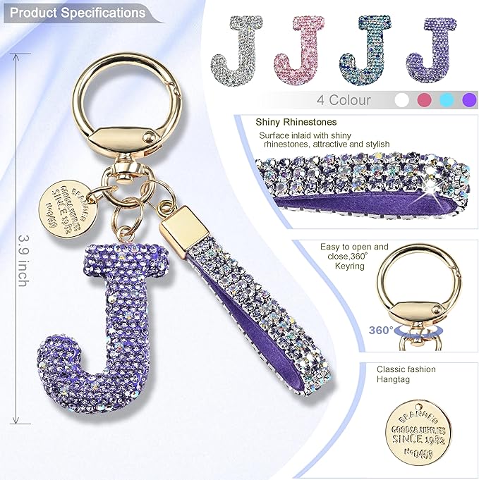 Pink Blue White Initial Letter Keychain Gift for Women Girls Bling Sparkly Cute Backpack Car Key Accessories Lanyard