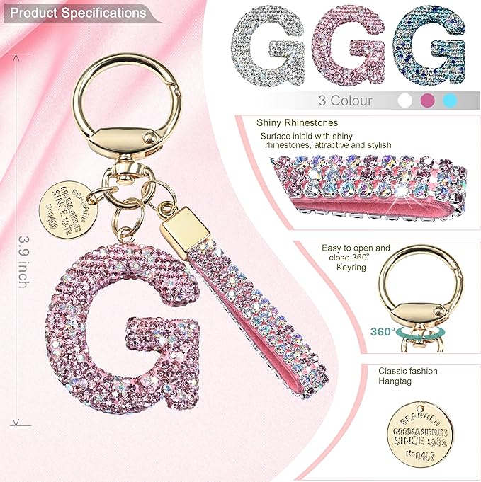 Pink Blue White Initial Letter Keychain Gift for Women Girls Bling Sparkly Cute Backpack Car Key Accessories Lanyard