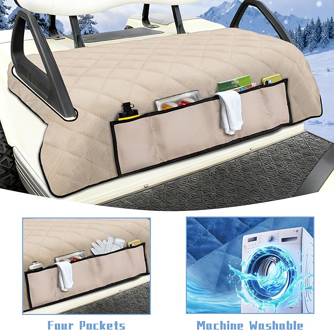 YOKYHOM Golf Cart Seat Covers with 4 Front Pockets, Thick and Non-Slip Golf Cart Seat Towel Blanket, Fits for EZGO, Yamaha, Club Car and More 2 Seats Golf Carts, Khaki