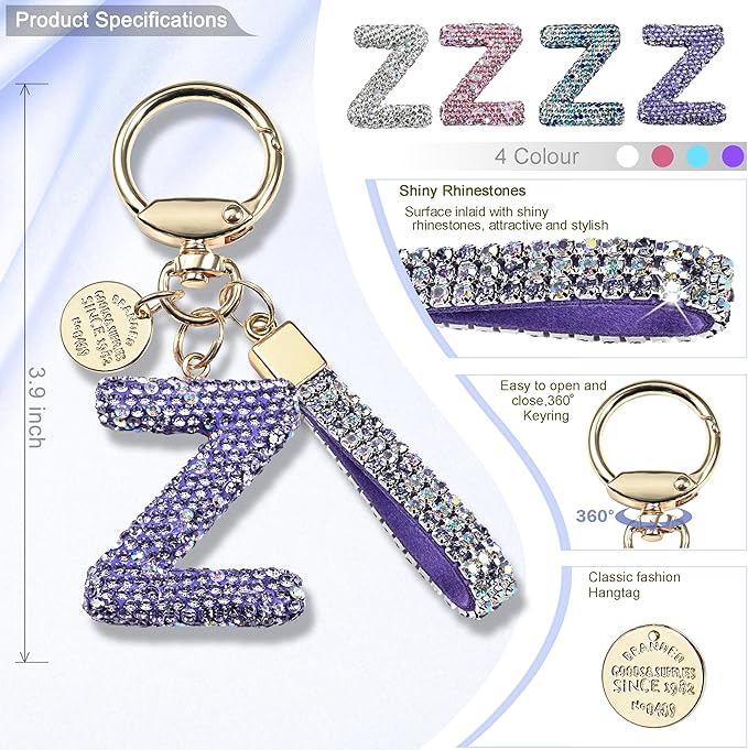 Pink Blue White Initial Letter Keychain Gift for Women Girls Bling Sparkly Cute Backpack Car Key Accessories Lanyard