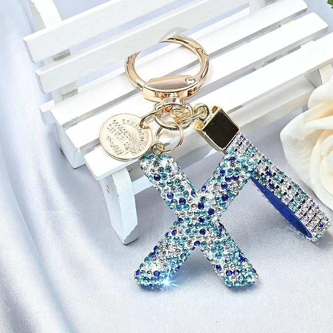 Pink Blue White Initial Letter Keychain Gift for Women Girls Bling Sparkly Cute Backpack Car Key Accessories Lanyard