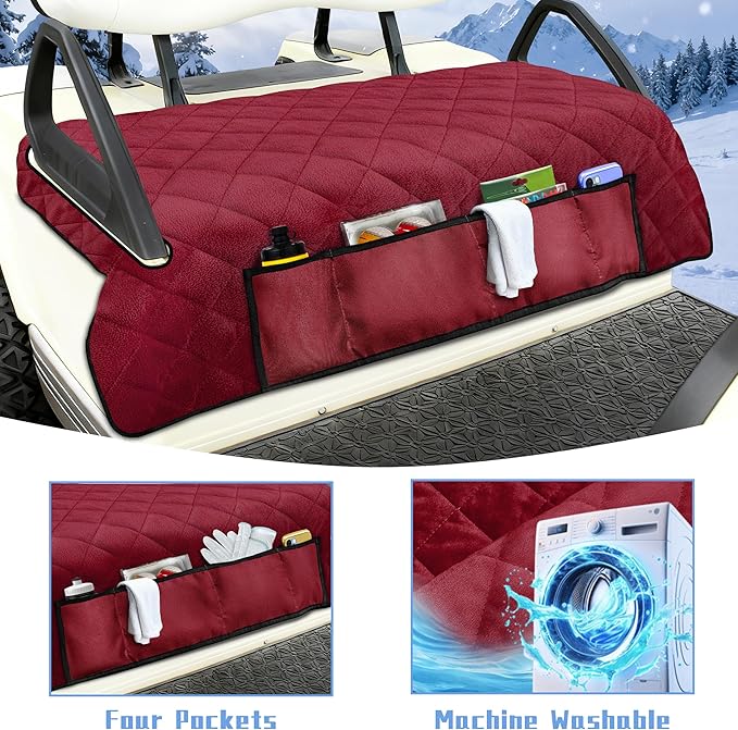 YOKYHOM Golf Cart Seat Covers with 4 Front Pockets, Thick and Non-Slip Golf Cart Seat Towel Blanket, Fits for EZGO, Yamaha, Club Car and More 2 Seats Golf Carts, Red