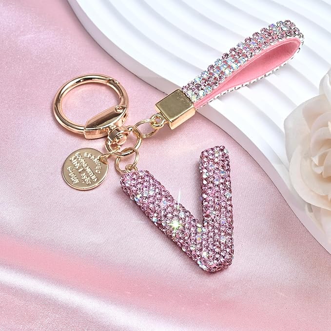 Pink Blue White Initial Letter Keychain Gift for Women Girls Bling Sparkly Cute Backpack Car Key Accessories Lanyard