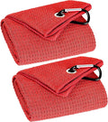 VIVIDLY 2 Pack Tri-fold Golf Towels, Premium Microfiber Fabric Waffle Pattern with Black Heavy Duty Carabiner Clip, Red Golf Towels for Golf Bags for Men (Red)