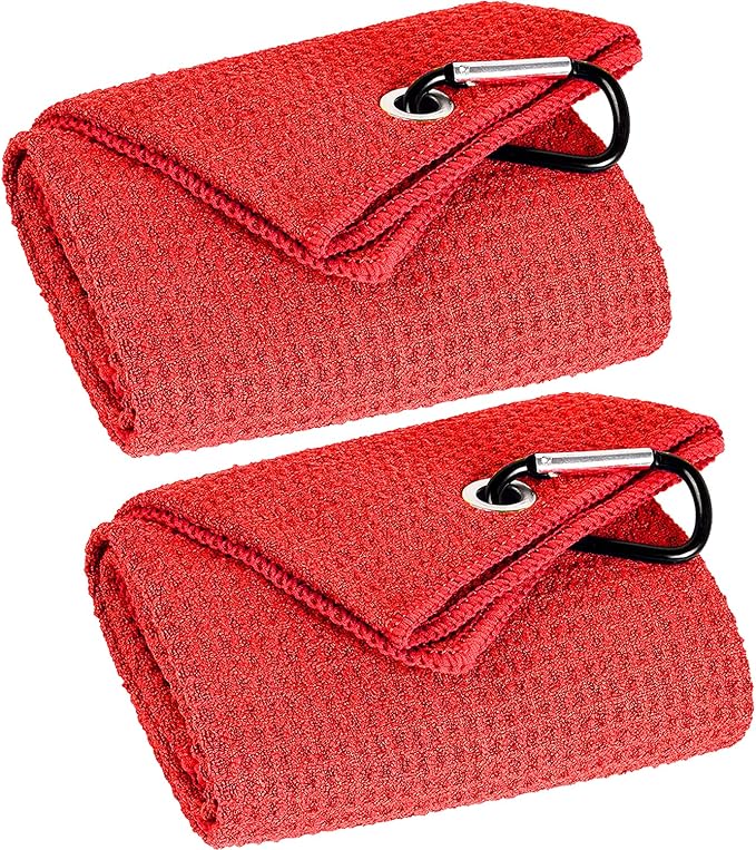 VIVIDLY 2 Pack Tri-fold Golf Towels, Premium Microfiber Fabric Waffle Pattern with Black Heavy Duty Carabiner Clip, Red Golf Towels for Golf Bags for Men (Red)