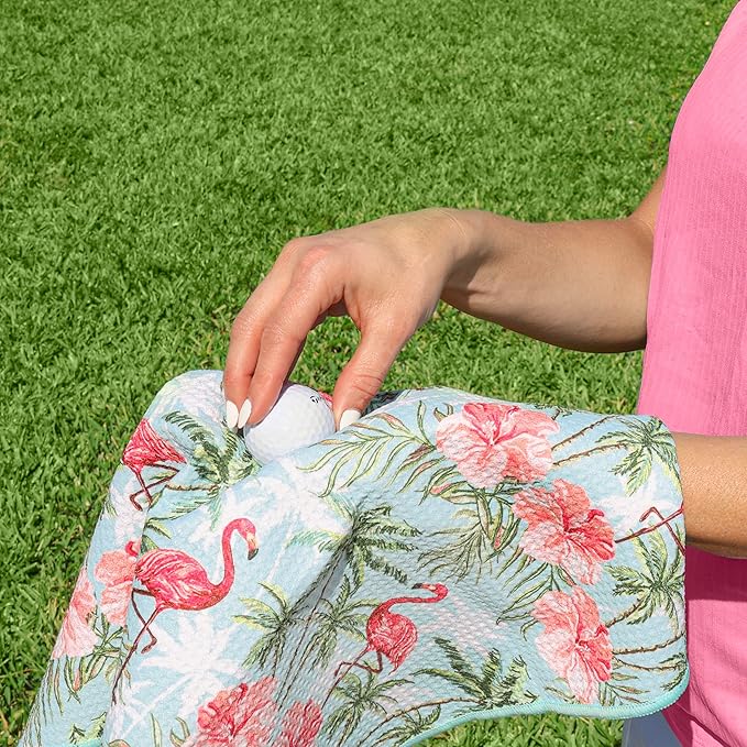 Microfiber Golf Towels for Golf Bags & Carts - Premium Weave Waffle & Ball Towels with Carabiner Clip, Essential Accessories for Men, Women, and Kids, Golfer Gifts, Set of 2 (Flamingo Paradise)