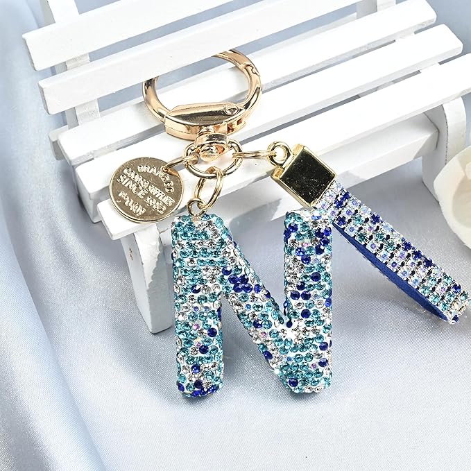 Pink Blue White Initial Letter Keychain Gift for Women Girls Bling Sparkly Cute Backpack Car Key Accessories Lanyard