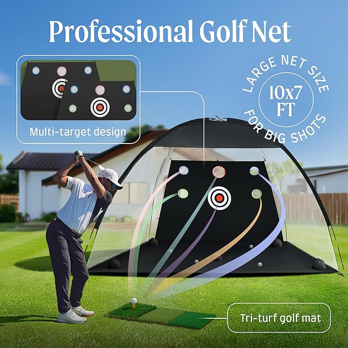 Garage Golf Net – 10x7ft Indoor Golf Hitting Net with Mat & Balls – Practice Driving & Chipping at Home
