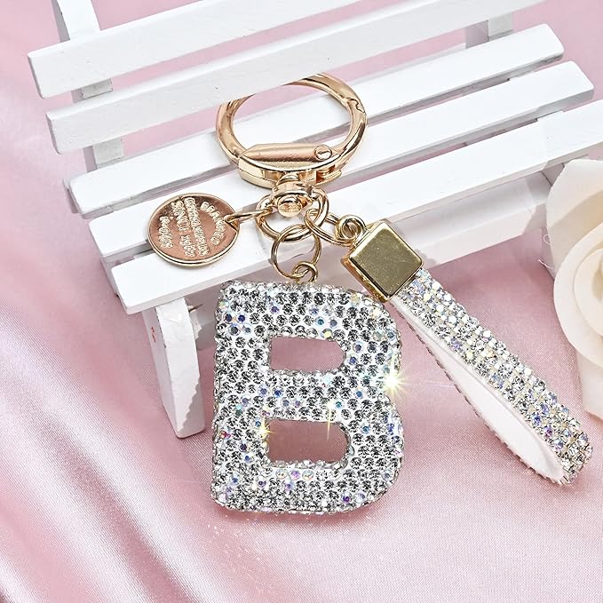 Pink Blue White Initial Letter Keychain Gift for Women Girls Bling Sparkly Cute Backpack Car Key Accessories Lanyard