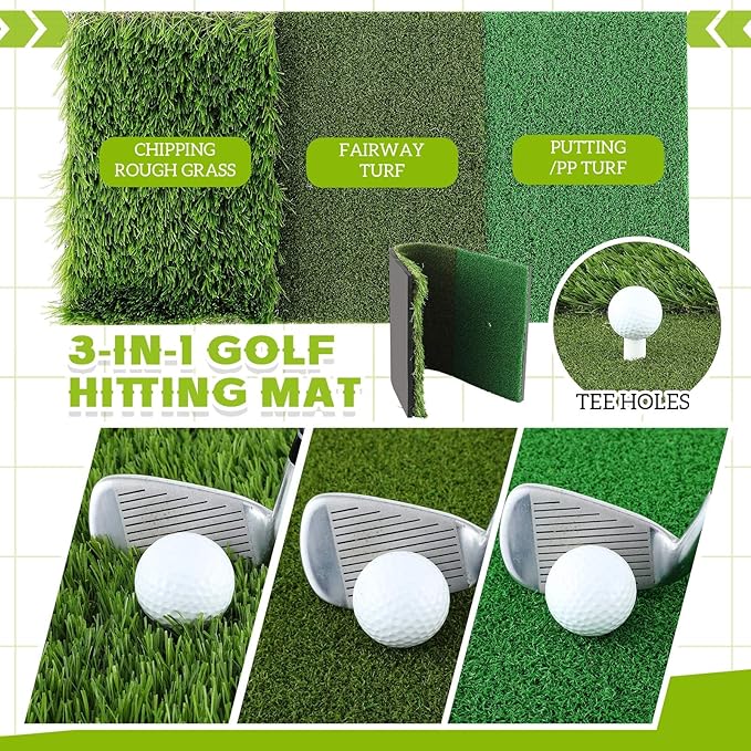 Soulchen Golf Chipping Net 3 Pop Up Chipping Target Practice Golf Net with Tri-Turf Hitting Mat, Balls, Tee Holder, Portable Kit Gifts All-in-One Training Kit for Indoor Outdoor Practice