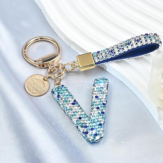 Pink Blue White Initial Letter Keychain Gift for Women Girls Bling Sparkly Cute Backpack Car Key Accessories Lanyard