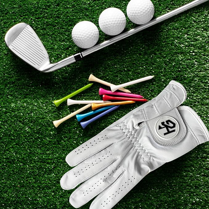Men’s Golf Glove + 24 Yellow Almost Golf Practice Balls + Poker Chip Ball Marker – Cabretta Leather Glove + Practice Golf Balls