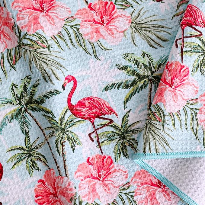 Microfiber Golf Towels for Golf Bags & Carts - Premium Weave Waffle & Ball Towels with Carabiner Clip, Essential Accessories for Men, Women, and Kids, Golfer Gifts, Set of 2 (Flamingo Paradise)
