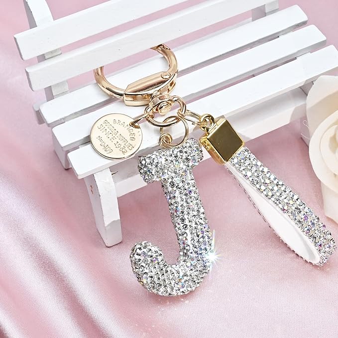 Pink Blue White Initial Letter Keychain Gift for Women Girls Bling Sparkly Cute Backpack Car Key Accessories Lanyard