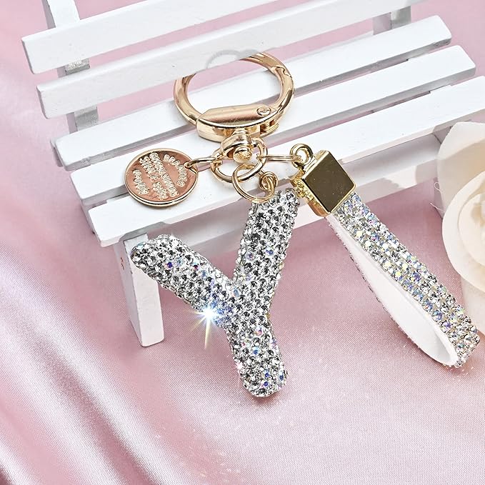 Pink Blue White Initial Letter Keychain Gift for Women Girls Bling Sparkly Cute Backpack Car Key Accessories Lanyard