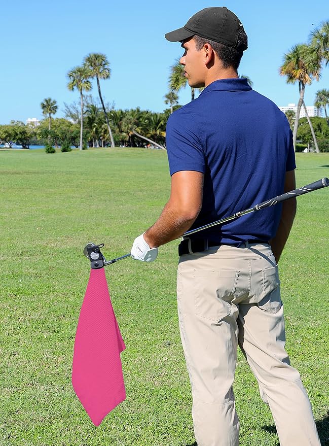 Magnetic Golf Towels for Golf Bags with Clip & Ultra Strong Magnet - Waffle Weave Microfiber Towel for Secure Hold on Bags & Carts - Ideal Club Cleaner & Accessories - Pink