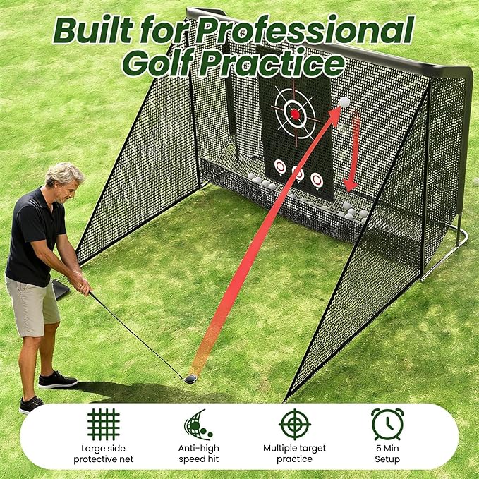 Golf Cage Practice Hitting Net, 10x7ft Heavy Duty Golfnets with 2 Net Side Barriers, Portable Hitting Nets with Carry Bag, 4 Stakes, Low-Noise Target for Backyard Driving Chipping Indoor Outdoor Use