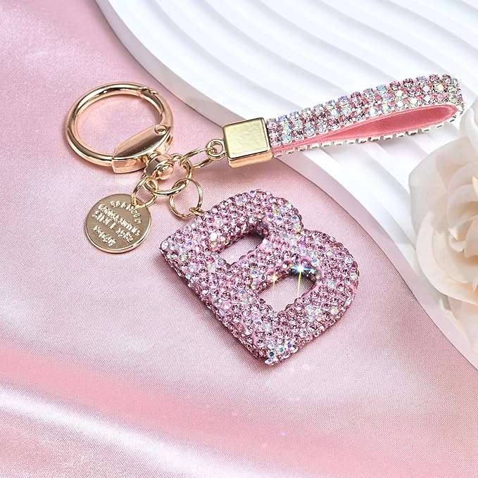 Pink Blue White Initial Letter Keychain Gift for Women Girls Bling Sparkly Cute Backpack Car Key Accessories Lanyard