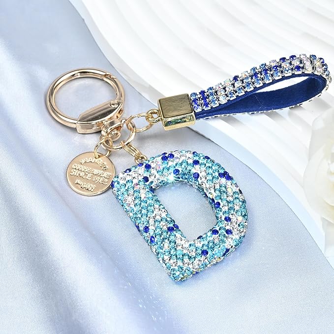 Pink Blue White Initial Letter Keychain Gift for Women Girls Bling Sparkly Cute Backpack Car Key Accessories Lanyard