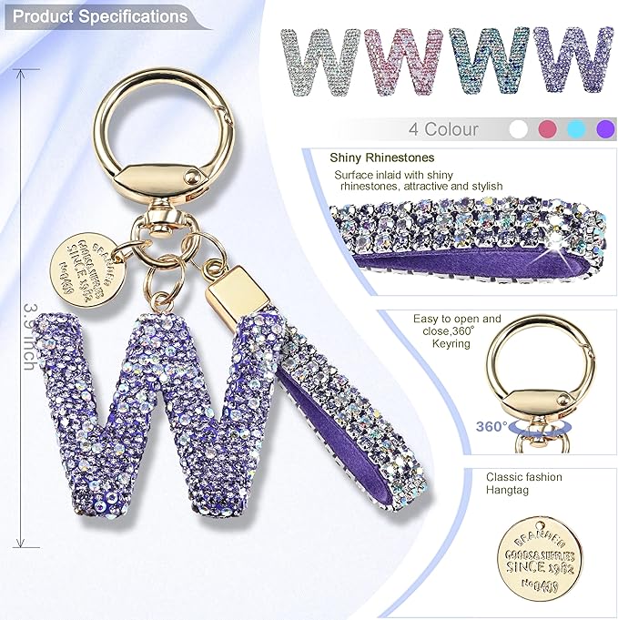 Pink Blue White Initial Letter Keychain Gift for Women Girls Bling Sparkly Cute Backpack Car Key Accessories Lanyard