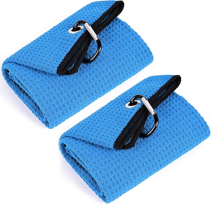 Mile High Life Tri-fold Golf Towel | 16" X 24" | Premium Microfiber Fabric | Waffle Pattern | with Heavy Duty Carabiner Clip | for Men and Women (2 Pack Blue)